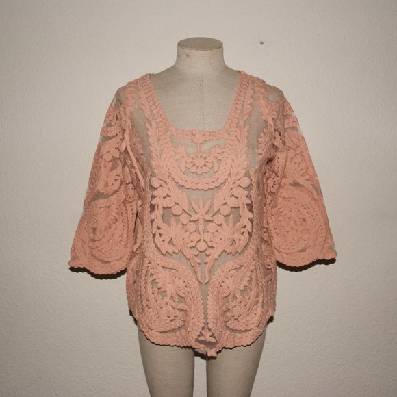 My Emblem Tops - MY EMBLEM Embroidered Mesh Lace Sheer Blouse Top L